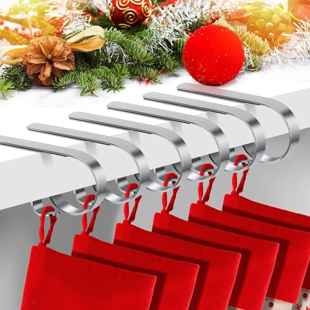 Set of 6 Non-Slip Silver Christmas Stocking Holders for Elegant Mantle Display
